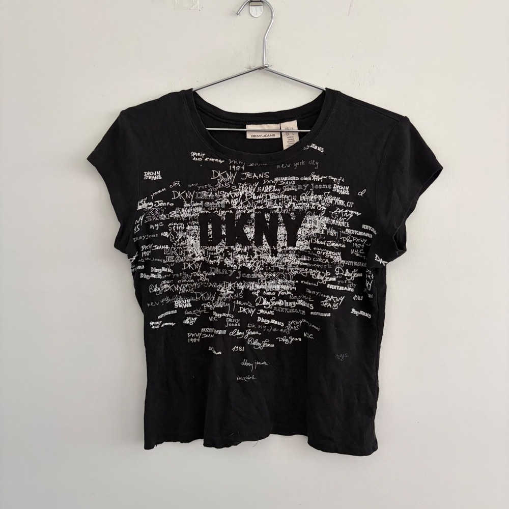 DKNY Jeans Womens Black Logo Script Graphic T-Shirt Large Vintage Y2K